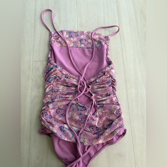 Free People Intimately Lilac Purple Bodysuit Butterfly mesh lace up size L - Picture 8 of 9